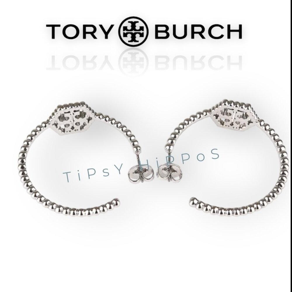 Tory Burch Silver Hexagon Logo Hoop Earrings - Picture 4 of 6